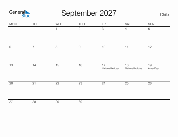 Printable September 2027 Calendar for Chile