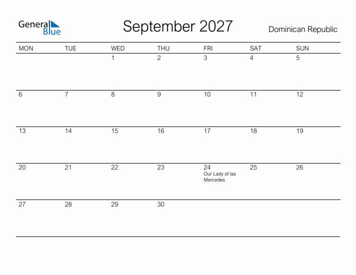 Printable September 2027 Calendar for Dominican Republic