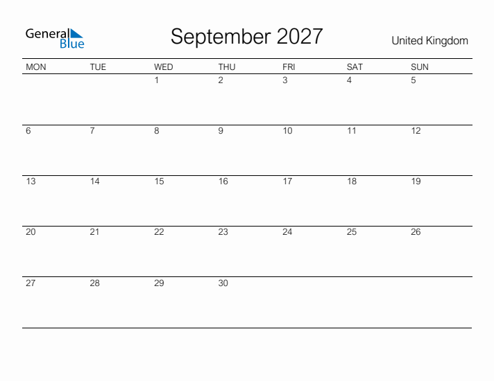 Printable September 2027 Calendar for United Kingdom