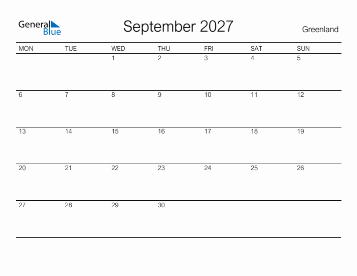 Printable September 2027 Calendar for Greenland