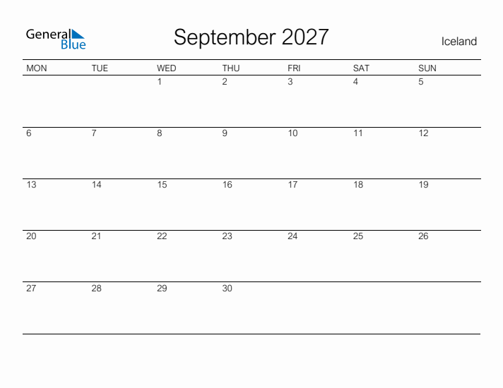 Printable September 2027 Calendar for Iceland