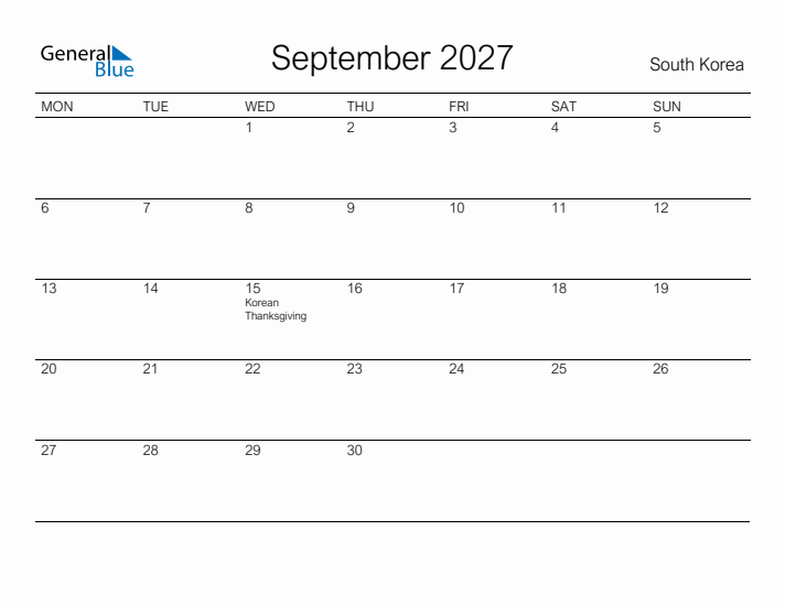 Printable September 2027 Calendar for South Korea