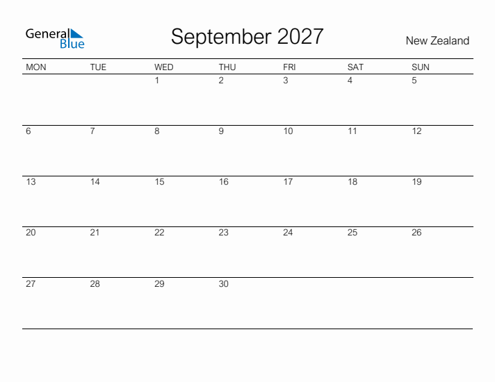 Printable September 2027 Calendar for New Zealand