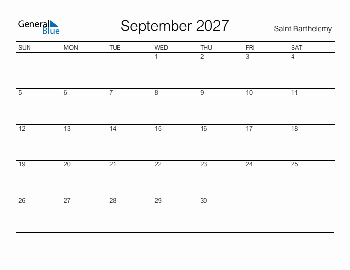 Printable September 2027 Calendar for Saint Barthelemy