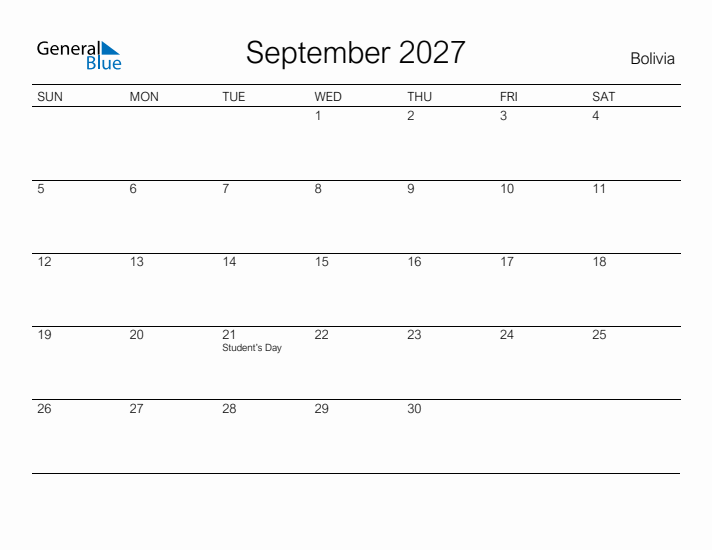 Printable September 2027 Calendar for Bolivia