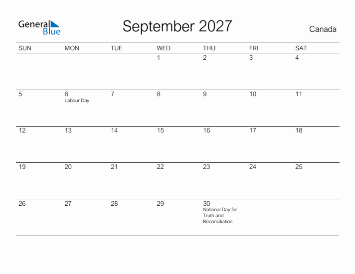 Printable September 2027 Calendar for Canada