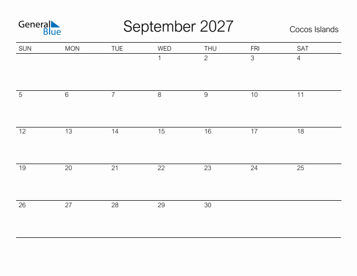 Printable September 2027 Calendar for Cocos Islands