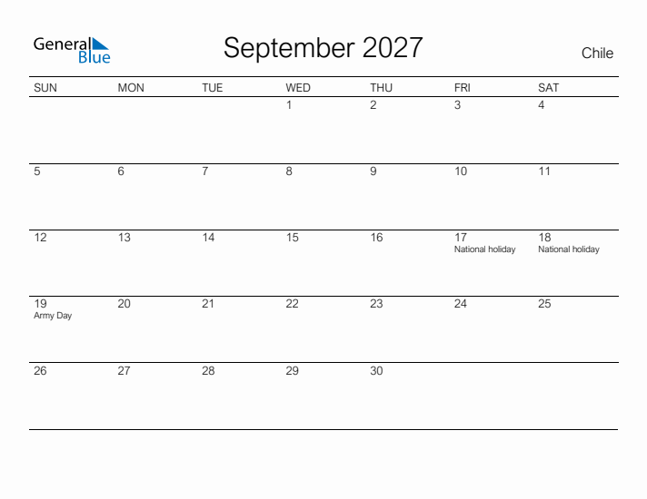 Printable September 2027 Calendar for Chile