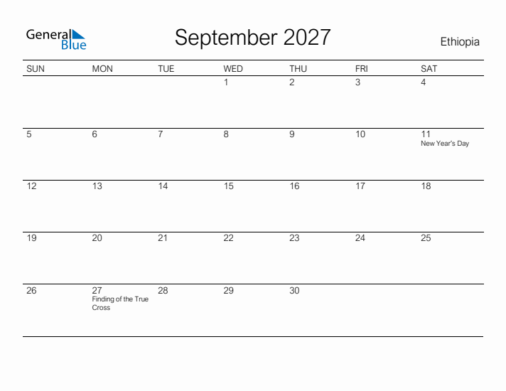 Printable September 2027 Calendar for Ethiopia