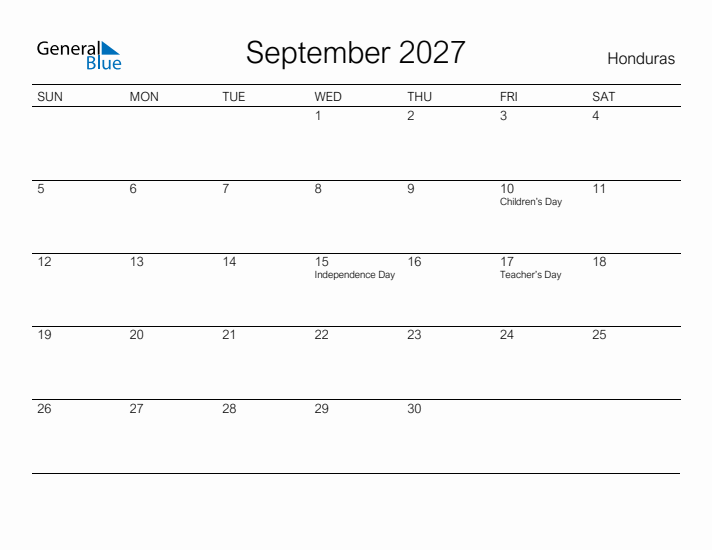 Printable September 2027 Calendar for Honduras