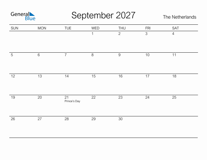 Printable September 2027 Calendar for The Netherlands