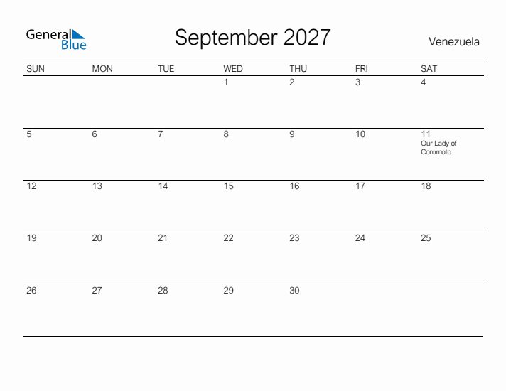 Printable September 2027 Calendar for Venezuela