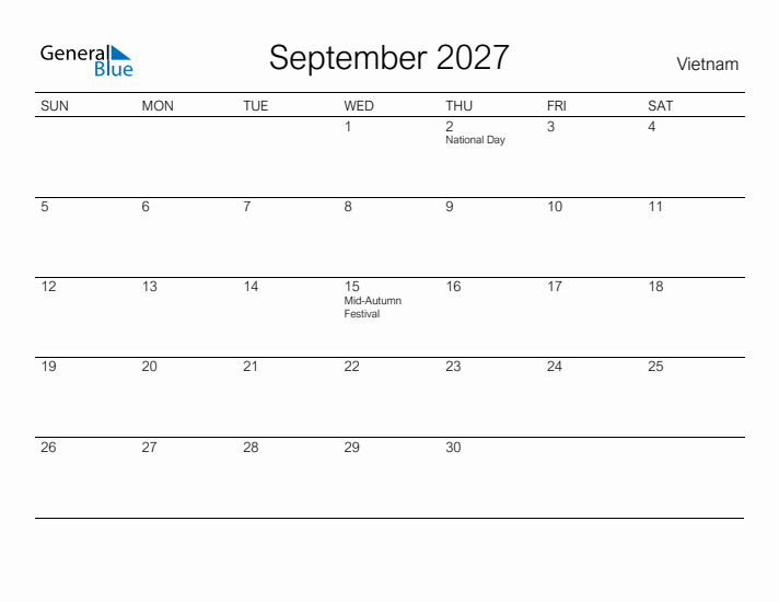 Printable September 2027 Calendar for Vietnam