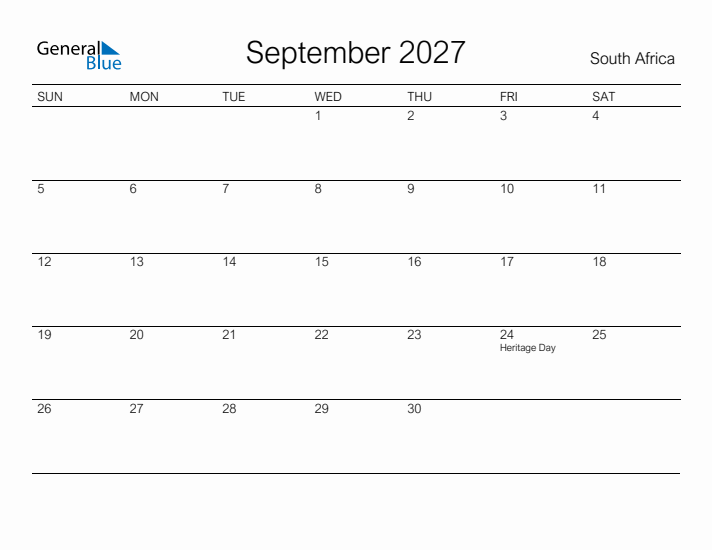 Printable September 2027 Calendar for South Africa