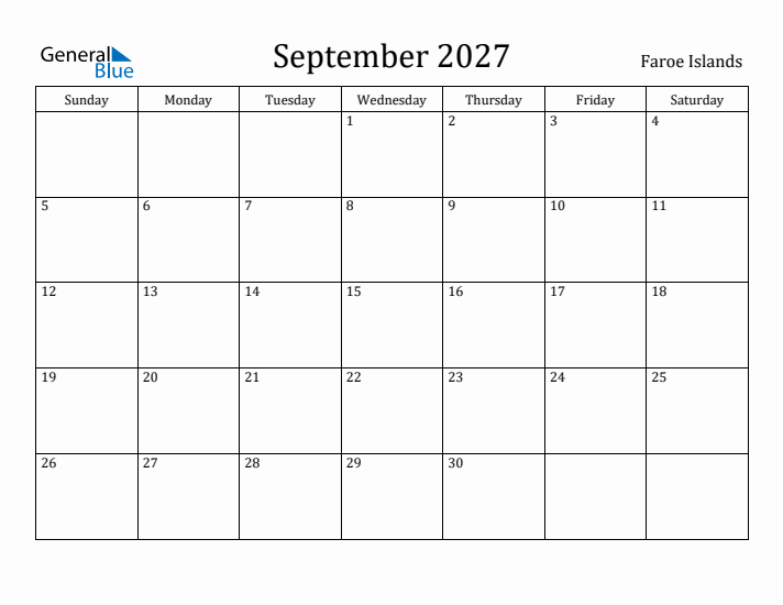 September 2027 Calendar Faroe Islands