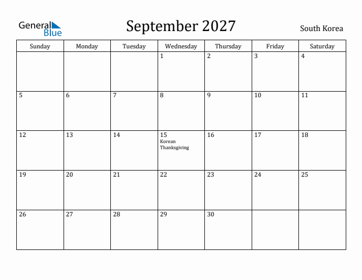 September 2027 Calendar South Korea