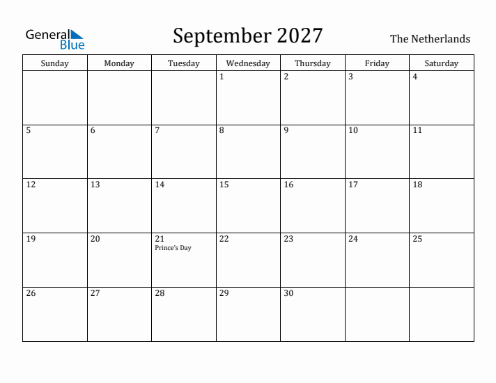 September 2027 Calendar The Netherlands