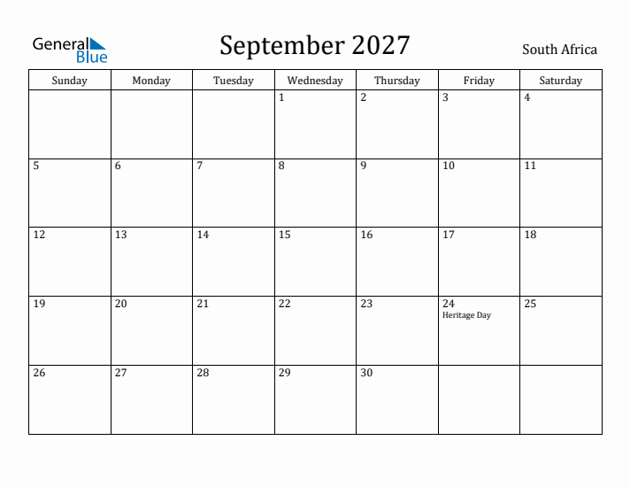 September 2027 Calendar South Africa