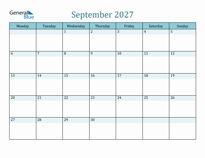 September 2027 Printable Calendar