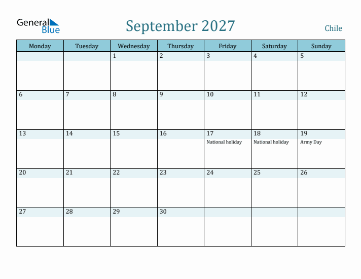 September 2027 Calendar with Holidays