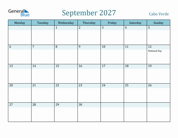 September 2027 Calendar with Holidays