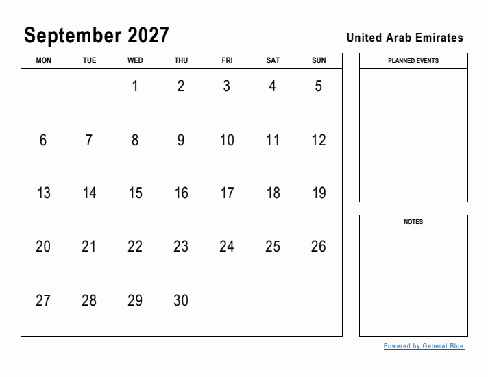 September 2027 Printable Monthly Calendar with United Arab Emirates Holidays