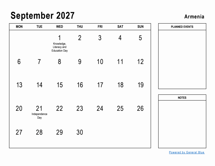 September 2027 Printable Monthly Calendar with Armenia Holidays