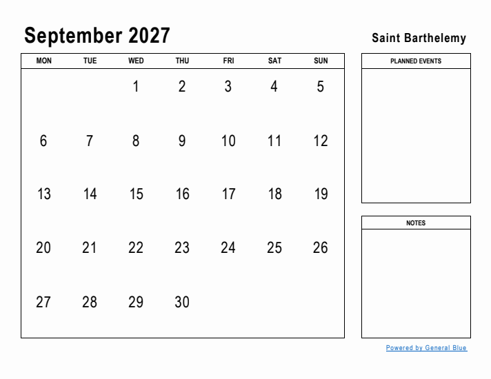 September 2027 Printable Monthly Calendar with Saint Barthelemy Holidays