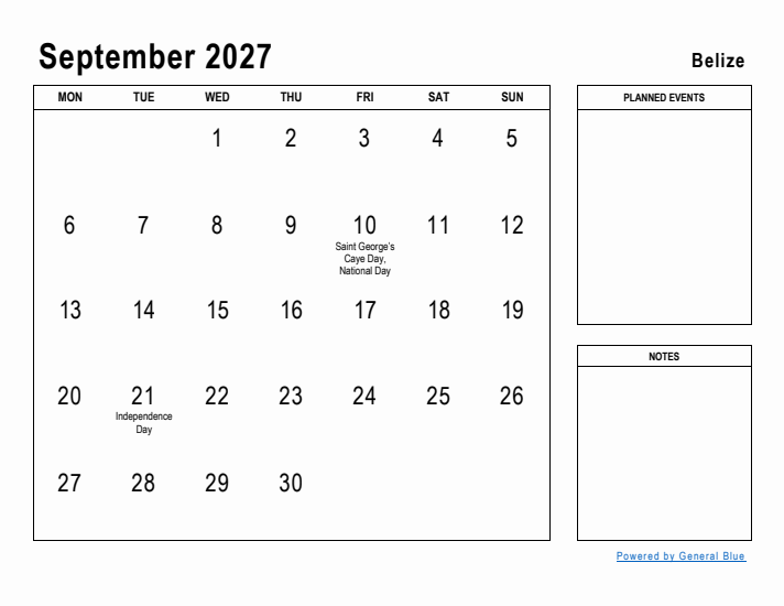 September 2027 Printable Monthly Calendar with Belize Holidays