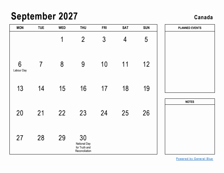 September 2027 Printable Monthly Calendar with Canada Holidays