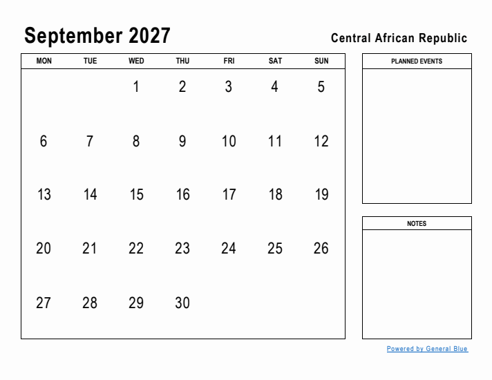 September 2027 Printable Monthly Calendar with Central African Republic Holidays