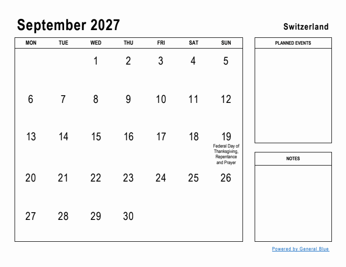 September 2027 Printable Monthly Calendar with Switzerland Holidays