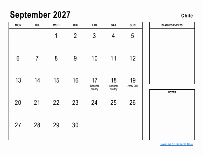 September 2027 Printable Monthly Calendar with Chile Holidays