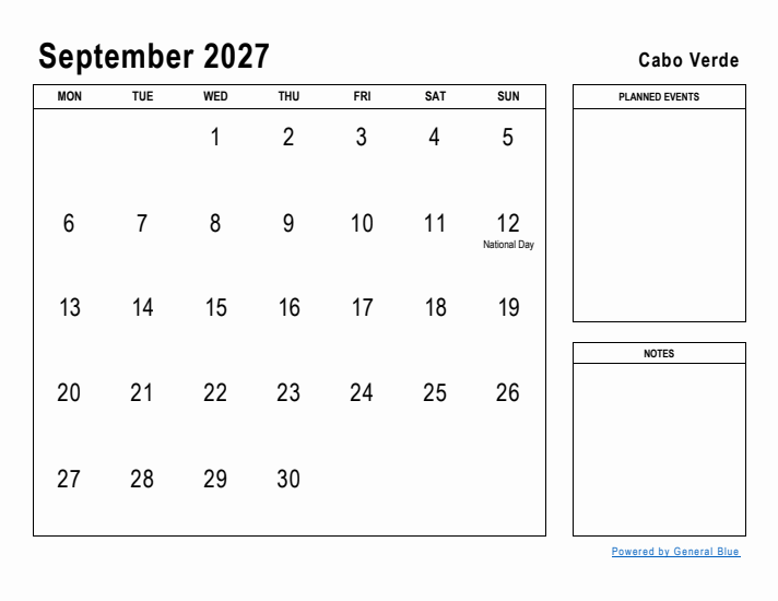 September 2027 Printable Monthly Calendar with Cabo Verde Holidays