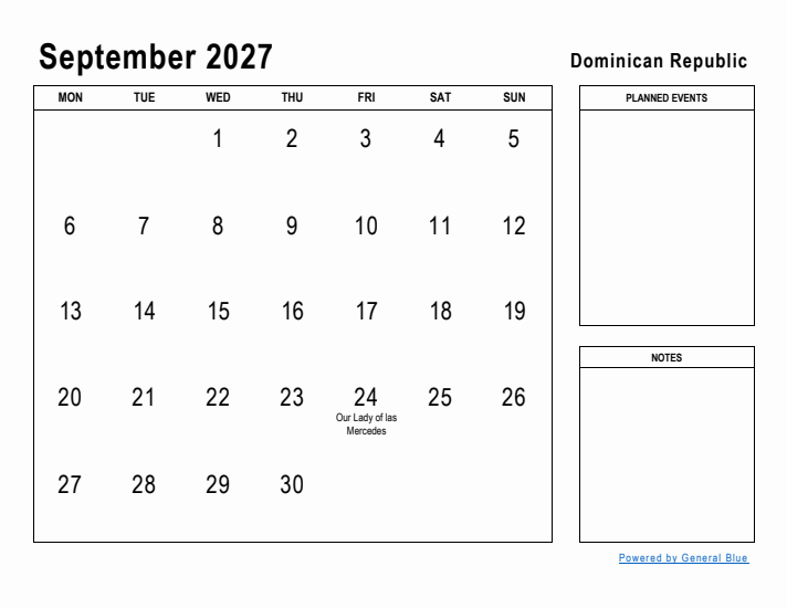 September 2027 Printable Monthly Calendar with Dominican Republic Holidays