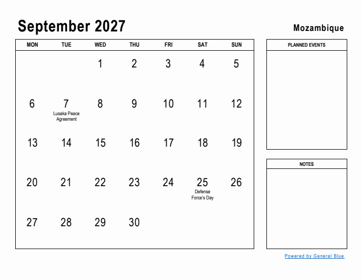 September 2027 Printable Monthly Calendar with Mozambique Holidays