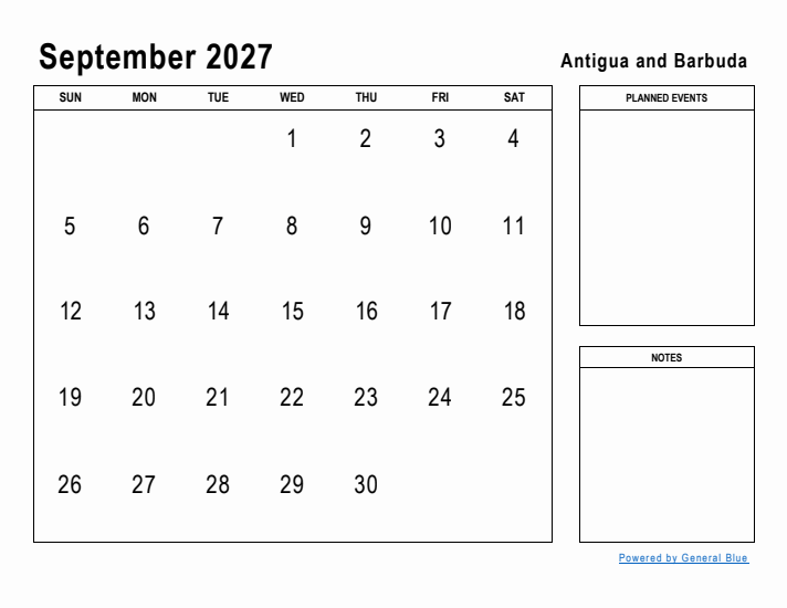 September 2027 Printable Monthly Calendar with Antigua and Barbuda Holidays