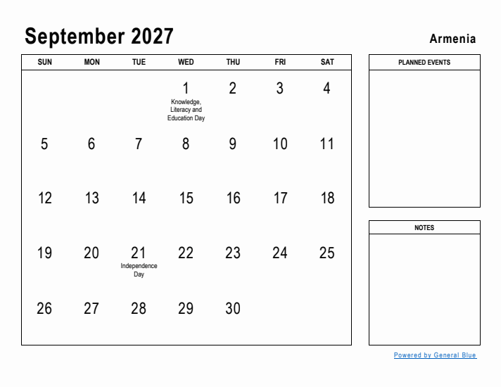 September 2027 Printable Monthly Calendar with Armenia Holidays