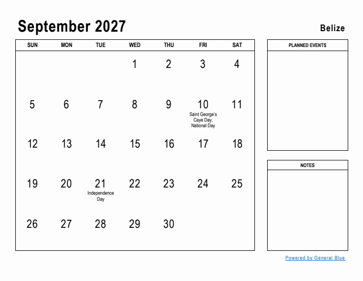 September 2027 Printable Monthly Calendar with Belize Holidays