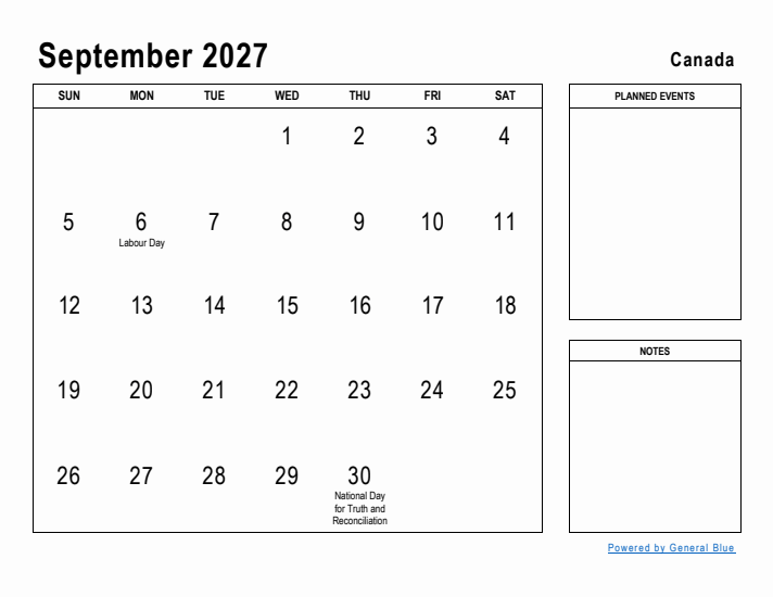 September 2027 Printable Monthly Calendar with Canada Holidays