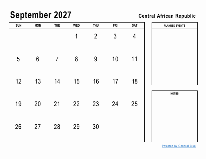 September 2027 Printable Monthly Calendar with Central African Republic Holidays