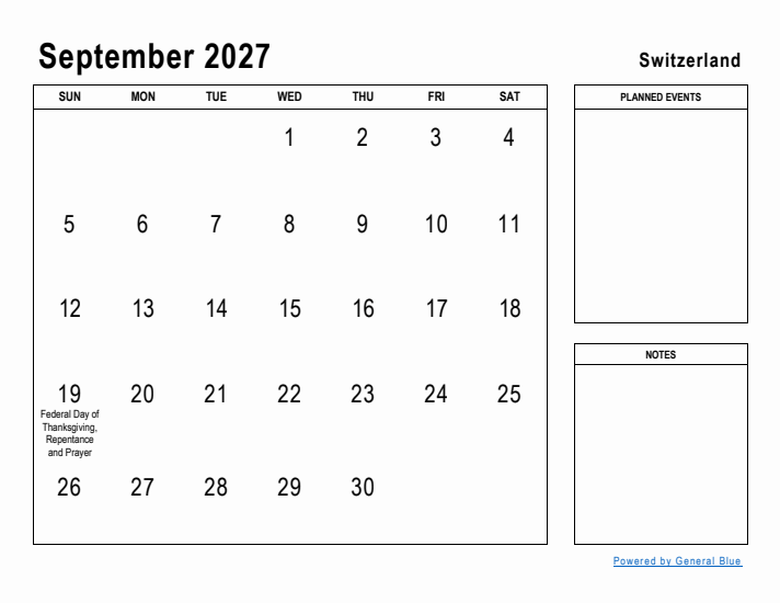 September 2027 Printable Monthly Calendar with Switzerland Holidays