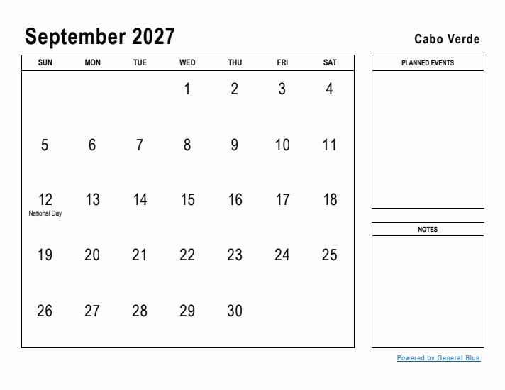 September 2027 Printable Monthly Calendar with Cabo Verde Holidays