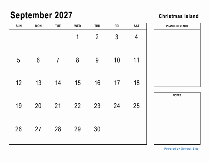 September 2027 Printable Monthly Calendar with Christmas Island Holidays