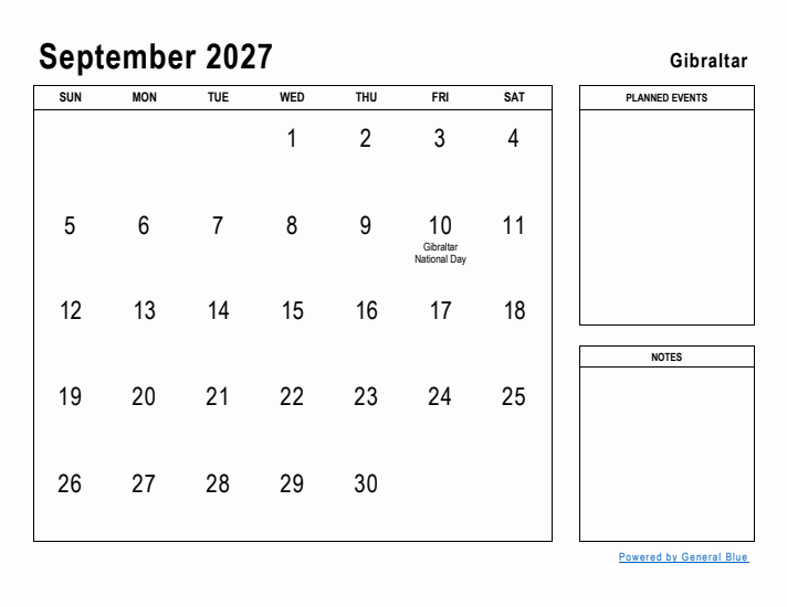 September 2027 Printable Monthly Calendar with Gibraltar Holidays