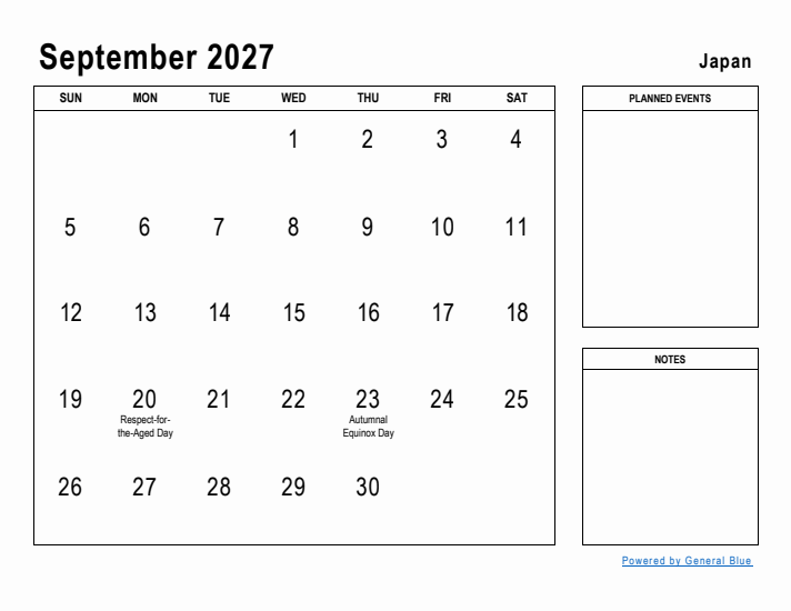 September 2027 Printable Monthly Calendar with Japan Holidays