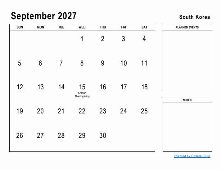 September 2027 Printable Monthly Calendar with South Korea Holidays