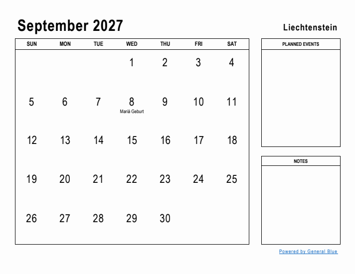 September 2027 Printable Monthly Calendar with Liechtenstein Holidays