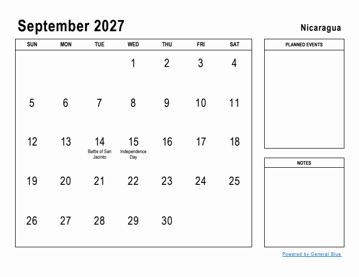 September 2027 Printable Monthly Calendar with Nicaragua Holidays