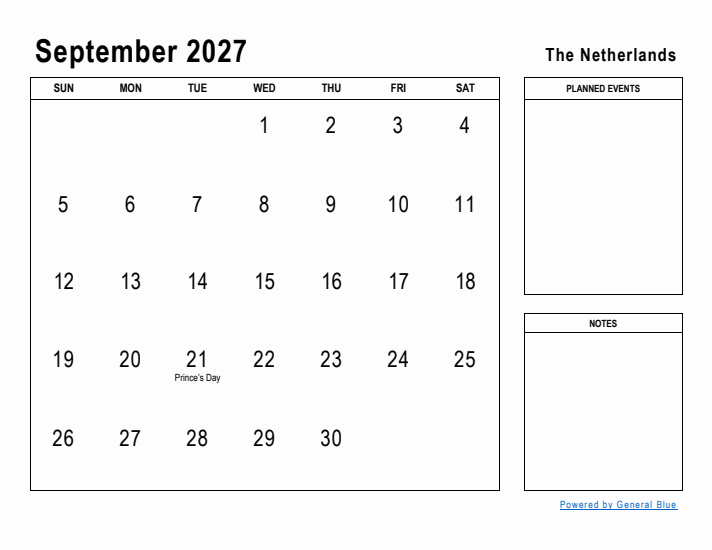 September 2027 Printable Monthly Calendar with The Netherlands Holidays